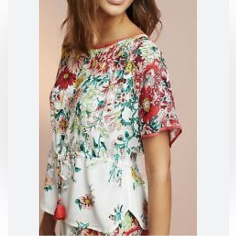 Anthropologie | Floral Print Dolman Sleeve Blouse Tie Waist Flowers Multicolor